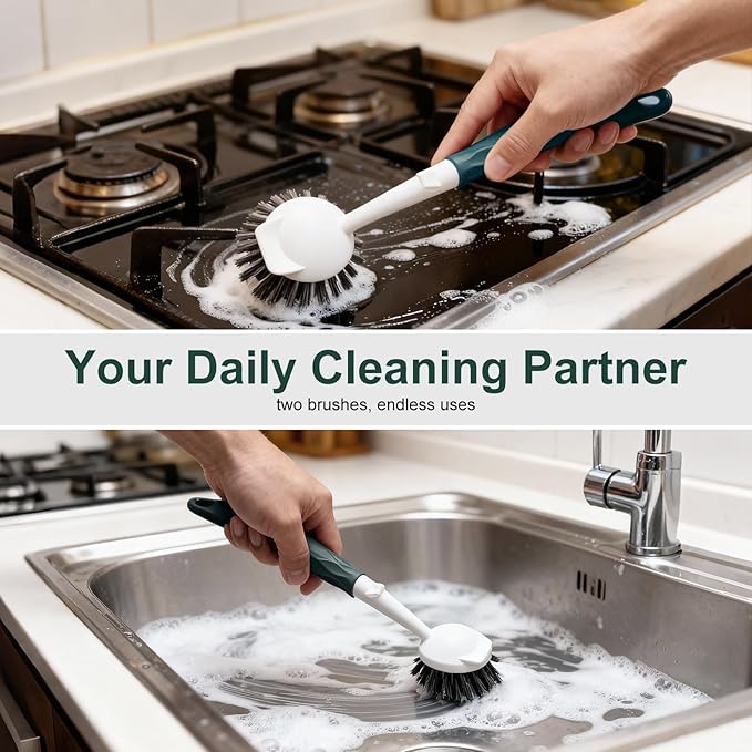 Dish Brush, 2 Pack with Comfortable Handle, with Built-in Scraper, Scrub Brush