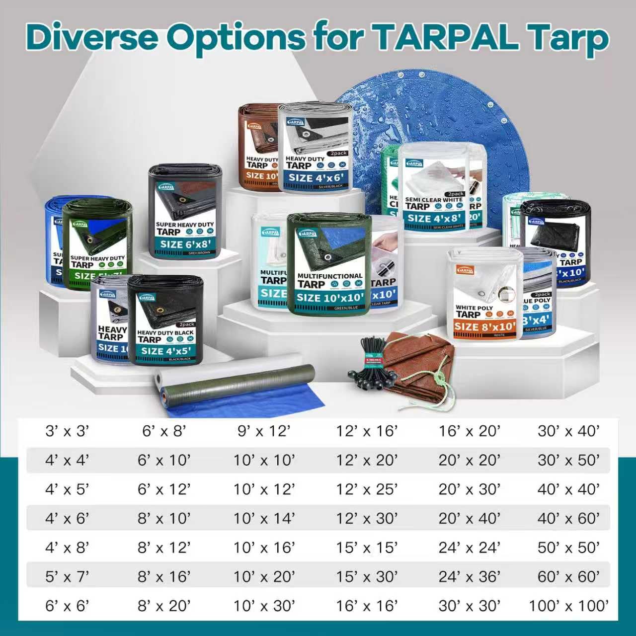 TARPAL Tarp 20x20 Feet Heavy Duty Tarps 14mil D-Ring Waterproof Tarp for Outdoors UV Protection Triangular Sewing Design Reinforced Corners and Edges(Black)