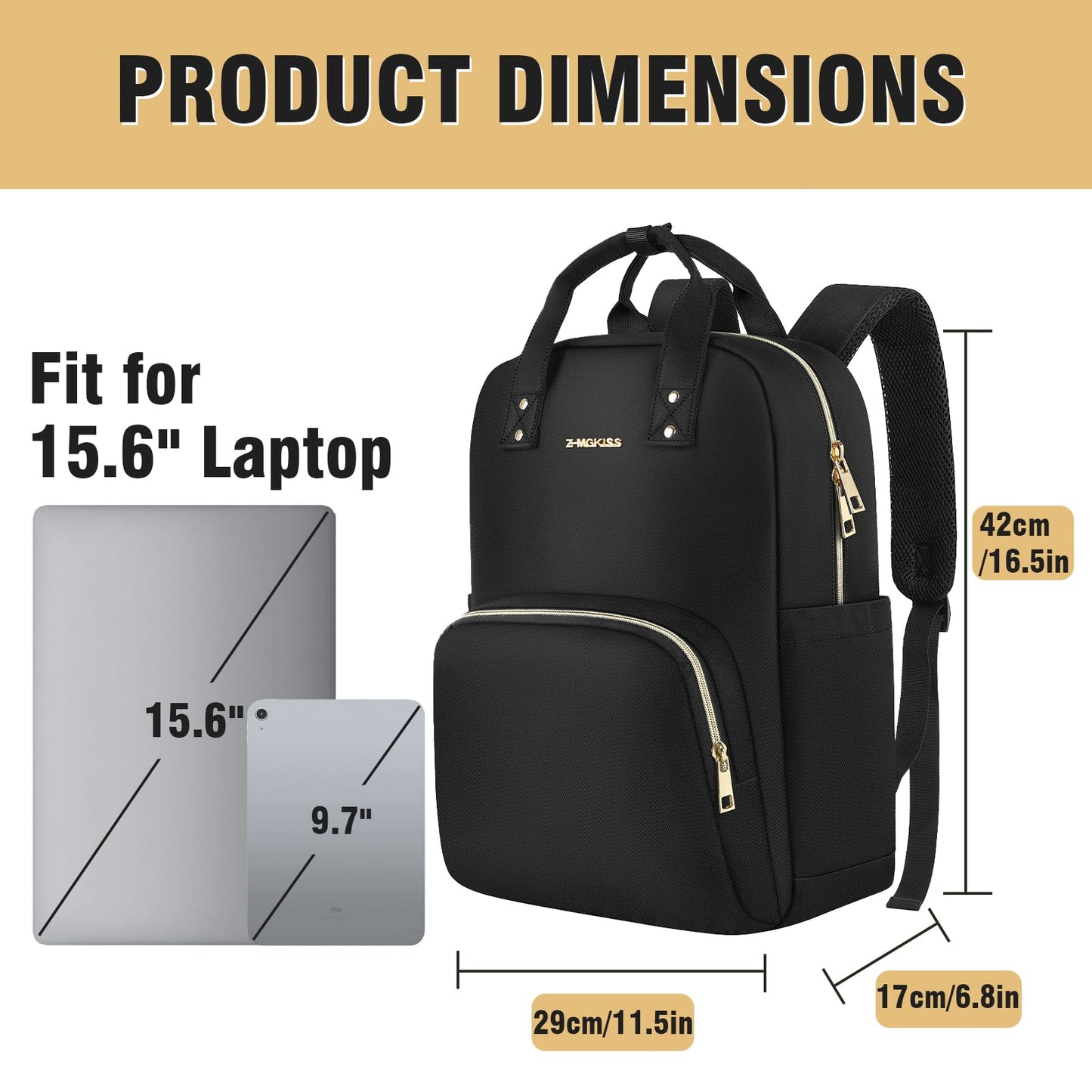 Z-MGKISS Laptop Backpack Women, 15.6 Inch Casual Daypack, Lightweight Stylish Rucksack for Travel Business College, Gifts for Ladies Teacher Nurse, Black