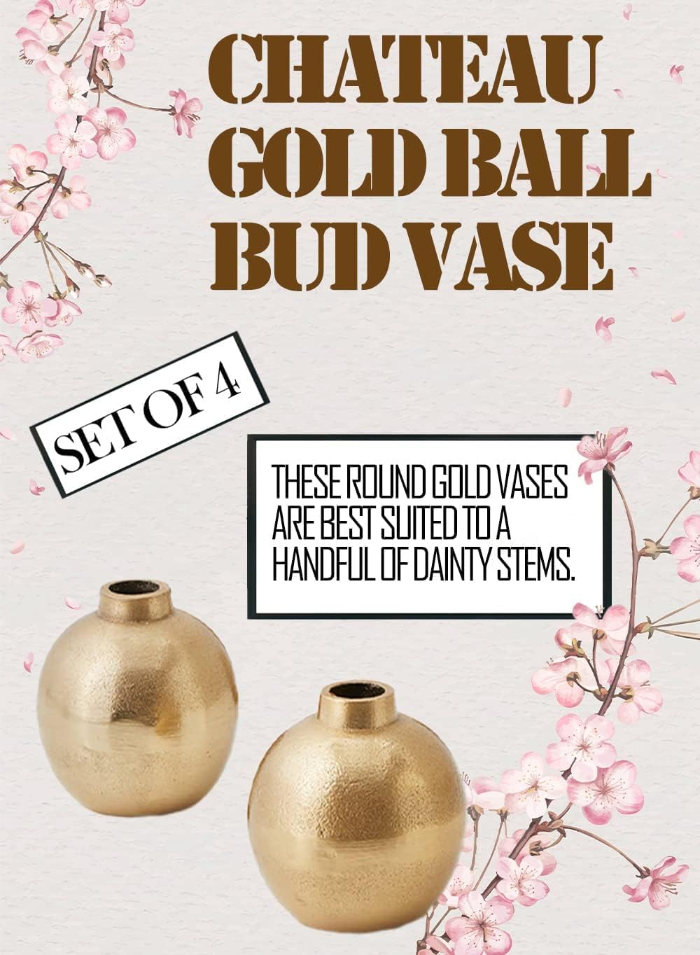 Serene Spaces Living Gold Floral Ball Bud Vases, Small Decorative Flower Vases for Wedding Centerpieces, Party Tables, Dining, Coffee Table & Fall Home Decor, 3.5" Tall x 3" Diameter, Set of 24