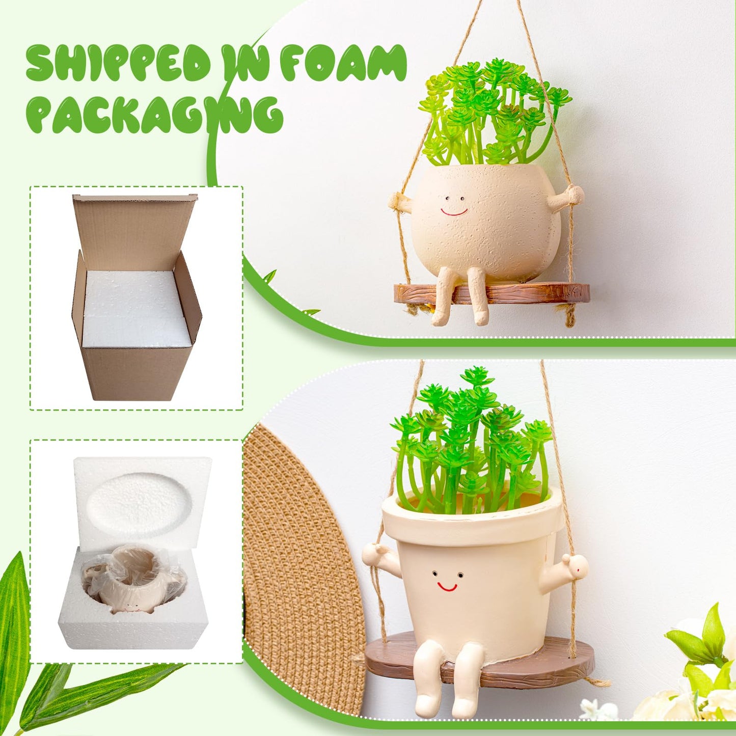 Domensi 2 Pcs Swing Hanging Planter Cute Smile Flower Face Pot Indoor Outdoor Pots for Succulent String of Pearls Plants Plant Ideal Gifts for Christmas Birthday(Swing Mixed Shapes,Mixed Sizes)