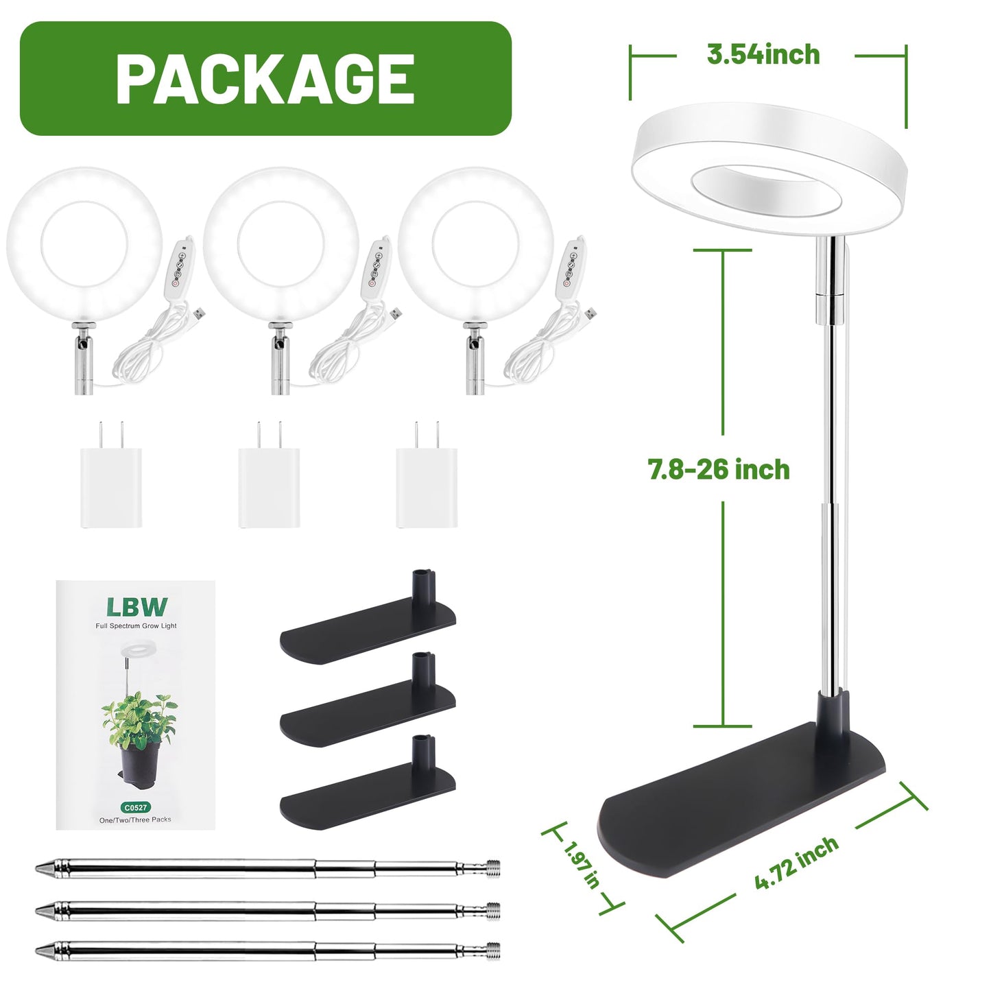 LBW Grow Light for Indoor Plants, Height Adjustable Plant Grow Lamp with Auto On/Off Timer 6/8/12/16H, 3 Colors,5 Dimmable Brightness, for Small Plants, White, 3 Packs