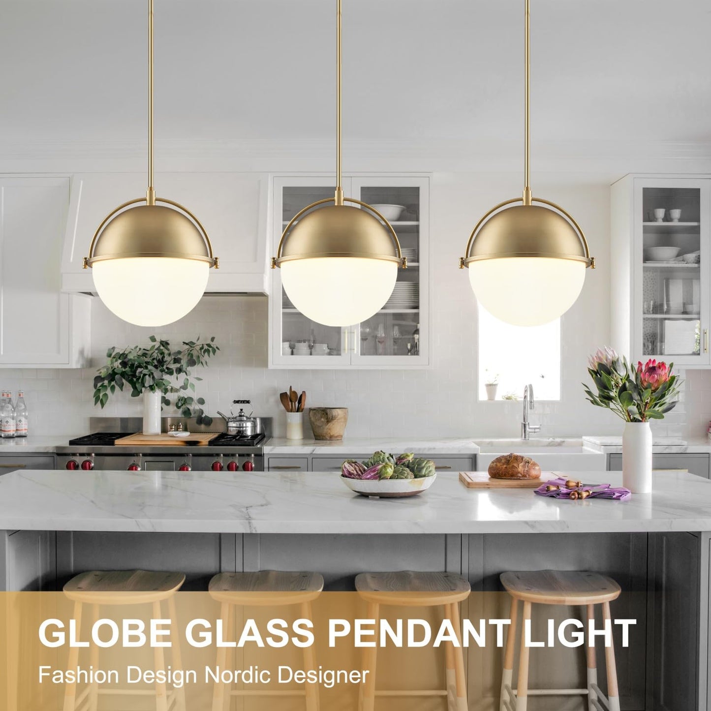 LOZOHOM 11.4 Inch Gold Globe Pendant Light Fixtures,Mid Century Modern Pendant Lights Kitchen Island with Milk Glass Shade, Adjustable Hanging Light Fixture for Kitchen Dining Room Bedroom Bathroom
