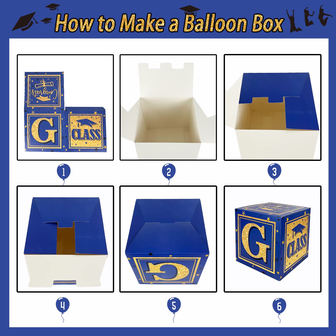 2025 Graduation Decorations Blue Class of 2025 Decorations Royal Blue and Gold Balloon Boxes with "GRAD" and"CLASS OF 2025" Letters Graduation Boxs for High School and College Grad Announcements