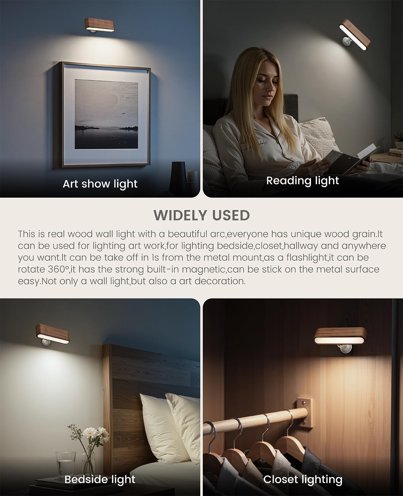 Wood LED Wall Sconce Magnetic 360°Rotate Mounted Mini Lamp Brightness Adjustable Nightlights Rechargeable Battery Powered Reading Light for Bedside Hallway Living Room Black Walnut Set of 2