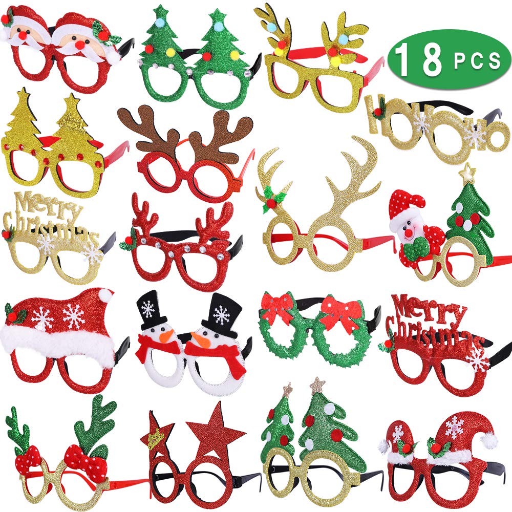 Max Fun 18Pcs Christmas Party Glasses Glitter Holiday Glasses Frames with 18 Designs Christmas Accessories for Christmas Party Favors Holiday Favors(One Size Fits All)