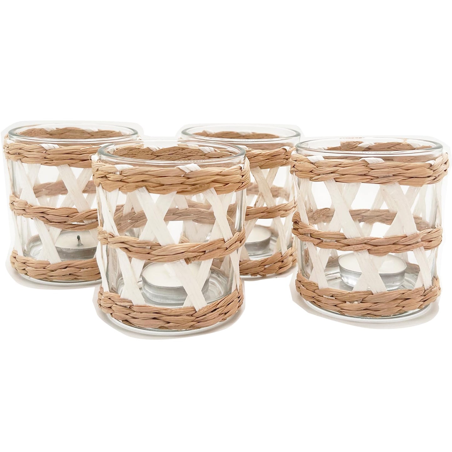 Pack 4 White Woven Rattan Tealight Candle Holders Candle Lantern - Coastal Tropical Glass Tea Light Holder Hurricane, Natural Seagrass Boho Hand Woven Votive Candle Holder