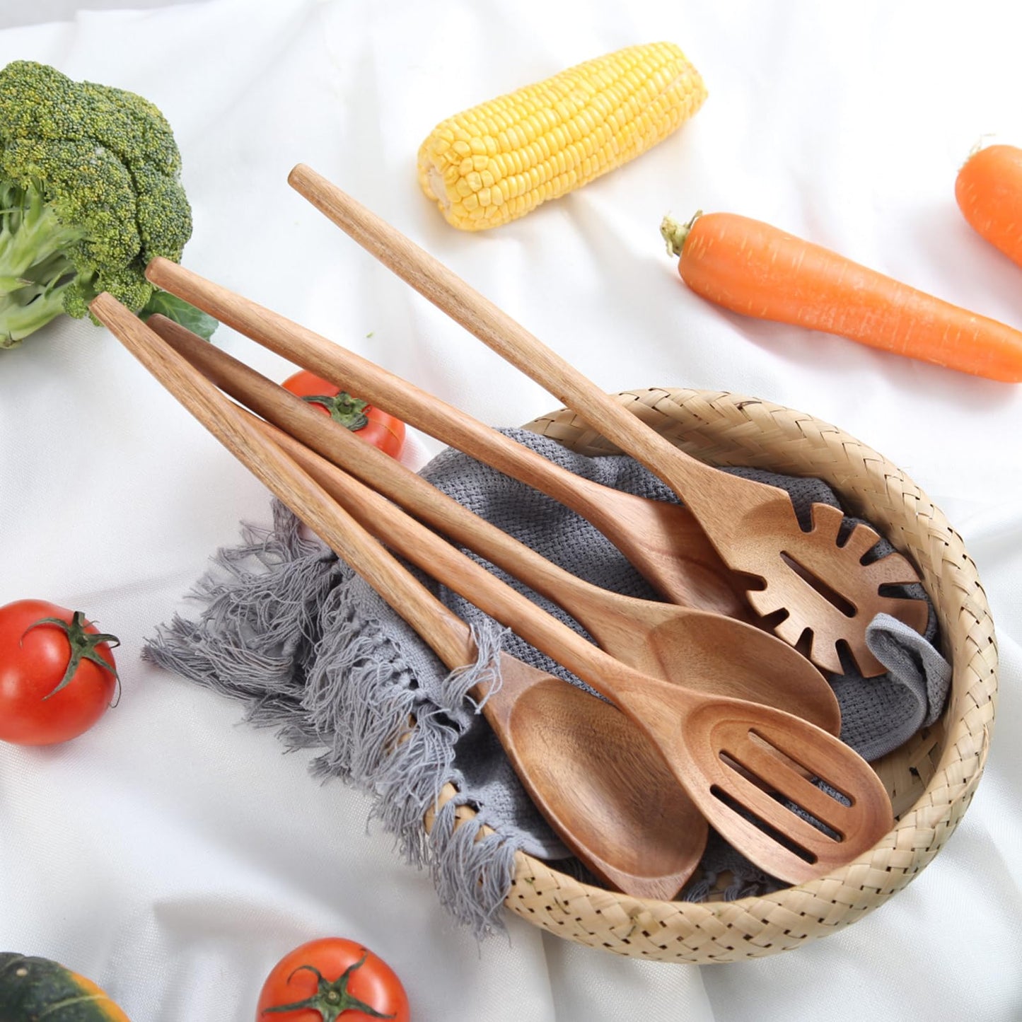 MornHalo 2PCS Acacia Wooden Spoons For Cooking-14 Inch Smooth Finish Cooking Spoons-Comfortable Grip Wood Spoons for Cooking - Non-Stick Cooking Utensils (Spoon + Corner spoon)