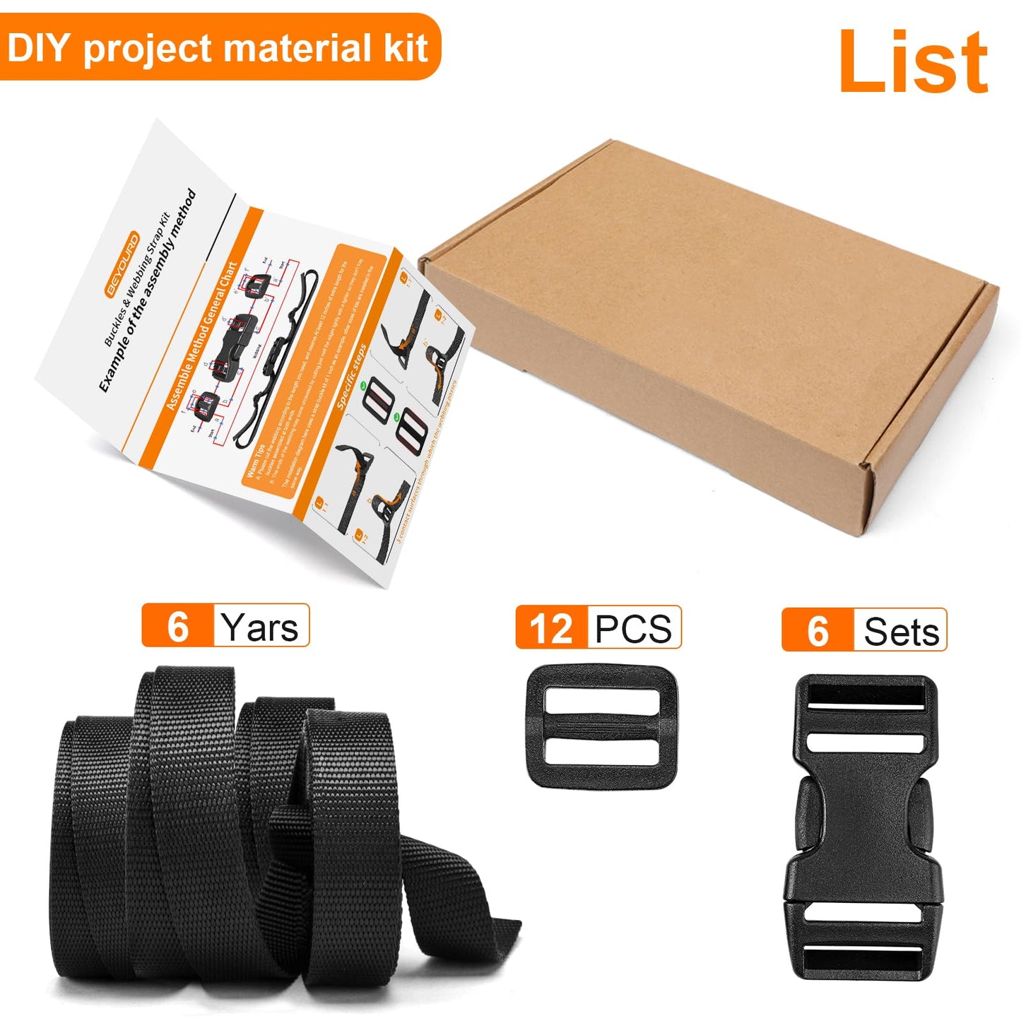 BEYOURD 3/4" Buckles and Straps Set: 6 Yards of Thick Nylon Webbing, 6-Pack Quick Side Release Adjustable Plastic Buckles, 12 Tri-Glide Slide Clips(3/4 Inch Combo Set)