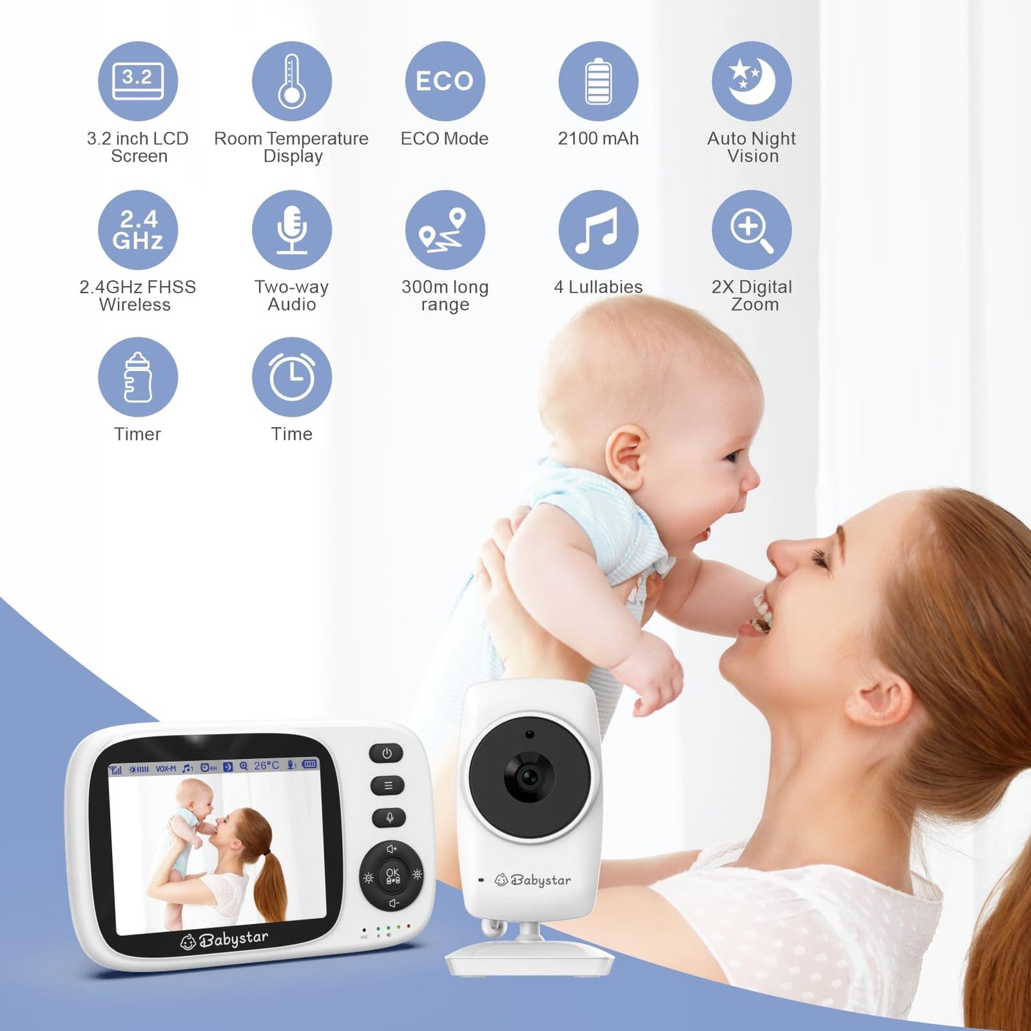 Babystar Baby Monitor with Camera and Night Vision,3.2inch Screen Wireless Video Baby Monitor with Rechargeable Battery, VOX Mode, Temperature Monitoring,Two-Way Audio,Soothing Sounds & Lullabies