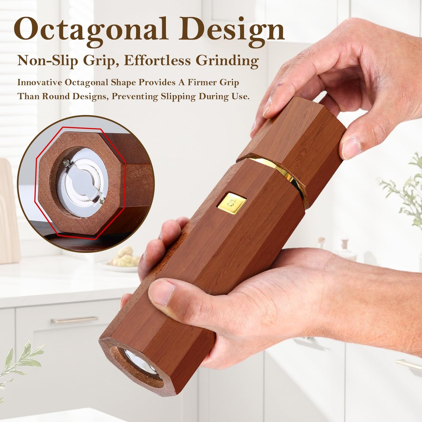 Fewuto Solid Wooden Salt and Pepper Grinder Set - Adjustable Ceramic Grinder Refillable Manual Mill Natural Wood Finish, 8 Inch Kitchen Dining Table Essential Birthday Gift 2 Pack