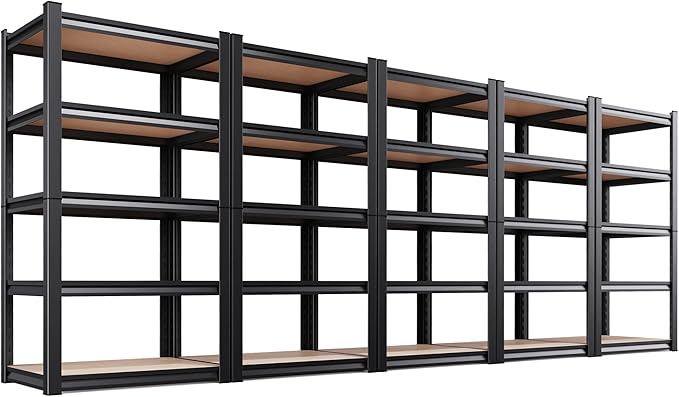 AOAORRG Set of 5 Garage Shelving Heavy Duty Storage Shelves, Metal Adjustable Shelving Unit, Utility Garage Organizer Shelf for Basement, Pantry, Kitchen, Warehouse, 31.5"W x 13.8"D x 71.2"H, Black
