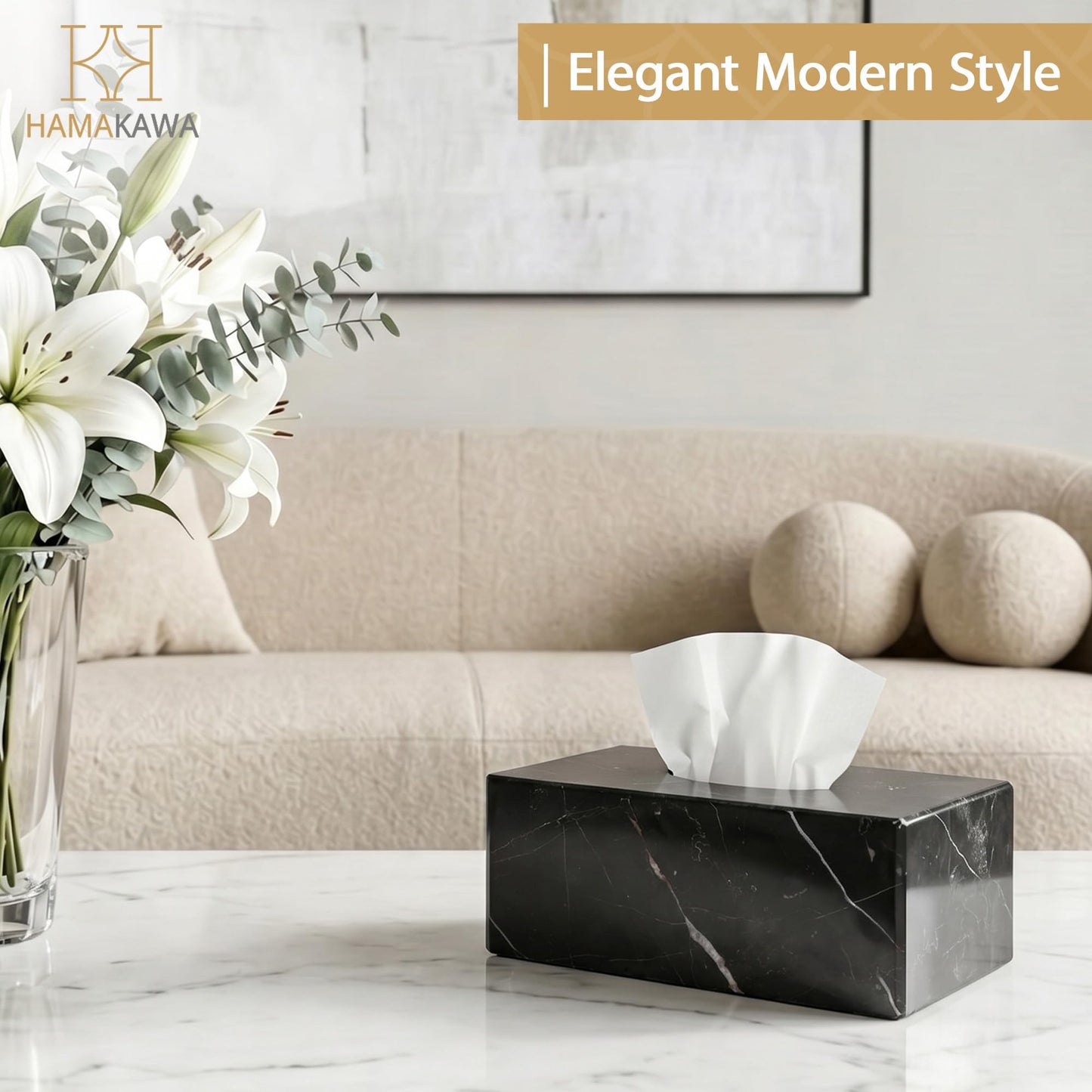 HAMAKAWA Natural Marble Tissue Box Cover, Black Tissue Organizer 10 x 5.5 x 3.9 inch, Heavy Stone Decorative Box, Rectangle Tissue Box Holder for Home Decor, Kitchen, Bathroom, Bedroom