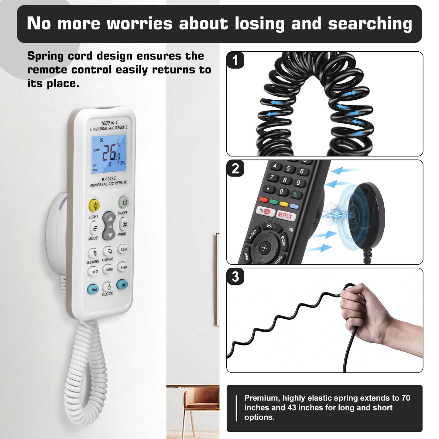 2-Pack Magnetic Remote Control Holders with Spring Ropes - Safely Secure Remotes & Small Items, Wall-Mount with Adhesive, Anti-Loss, Rapid Adsorption, Extendable Spring (Black 43 inch, 2 Pack)