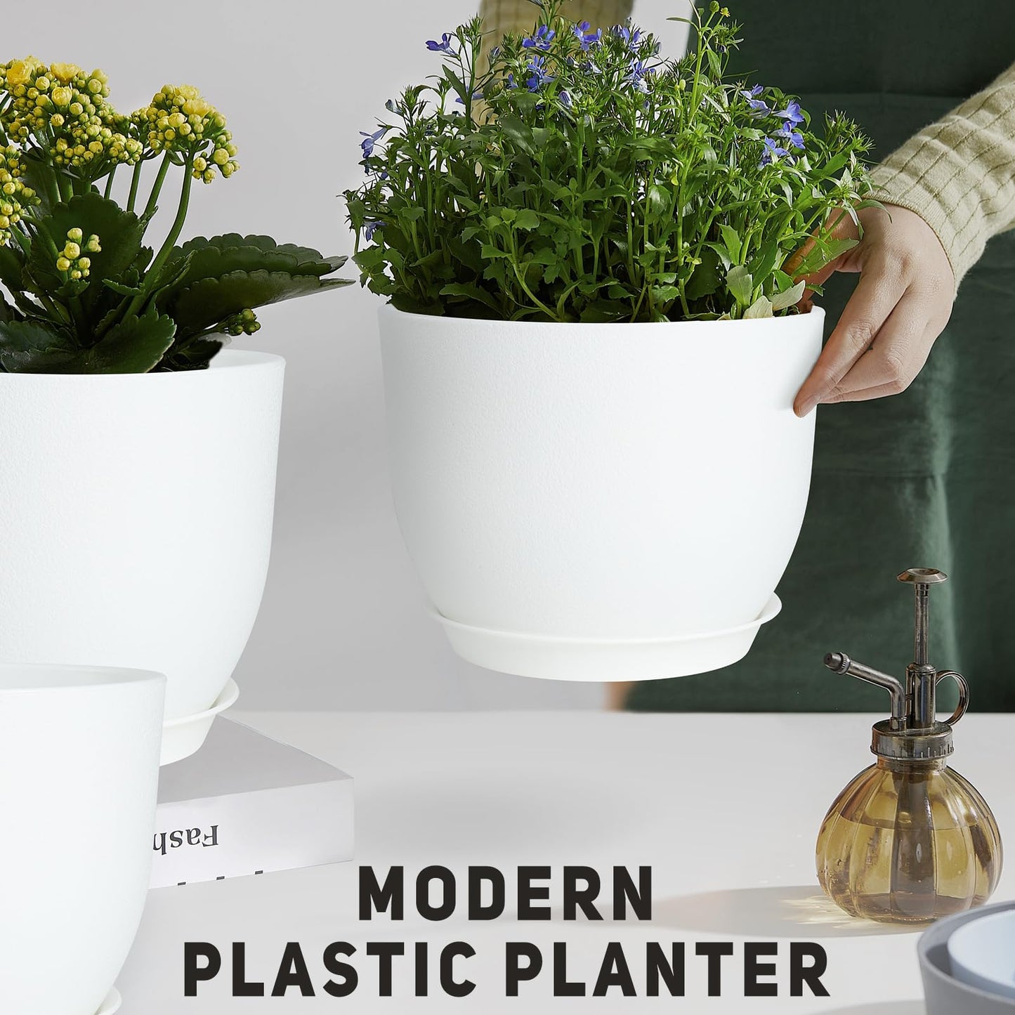 YNNICO Plant Pots 10/9/8/7.5/7 inch Flower Pots with Multi Mesh Drainage Holes, Planters for Indoor Outdoor Garden Plants and Flowers. (White)