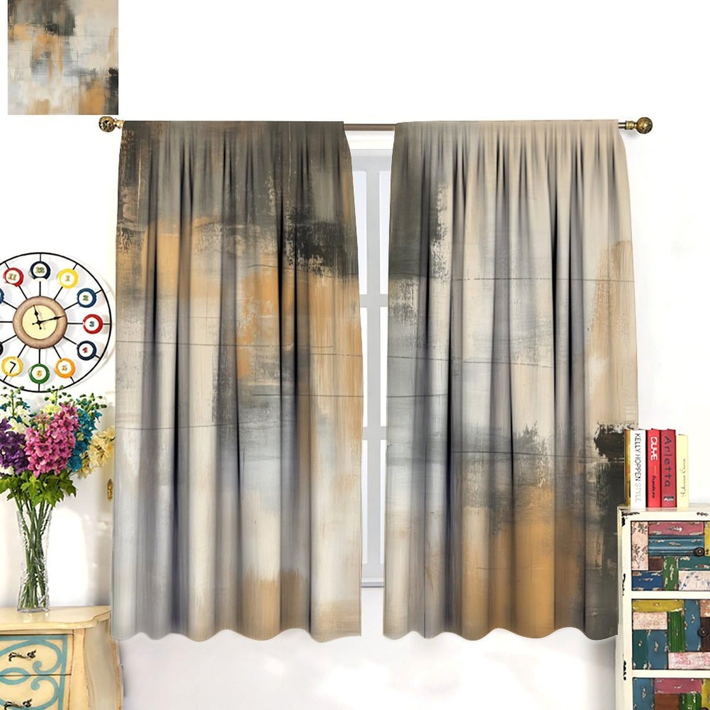 Abstract Beige Gray Taupe Curtains, Rod Pocket Black Tan Neutral Art Painting Modern Window Drapes for Living Room Bedroom, 20.5" W x 44.5" L, 2 Panels (No Blackout)