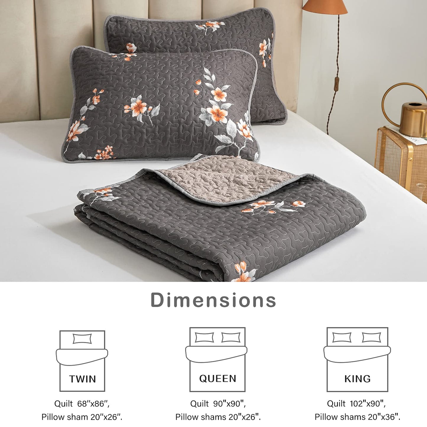 Flysheep 2 Pieces Quilt Set Twin Size, Dark Gray Floral Reversible Bedspread Coverlet Set, Soft Microfiber Lightweight Bed Cover for Kids (68" x 86", 1 Quilt+ 1 Pillow Sham)