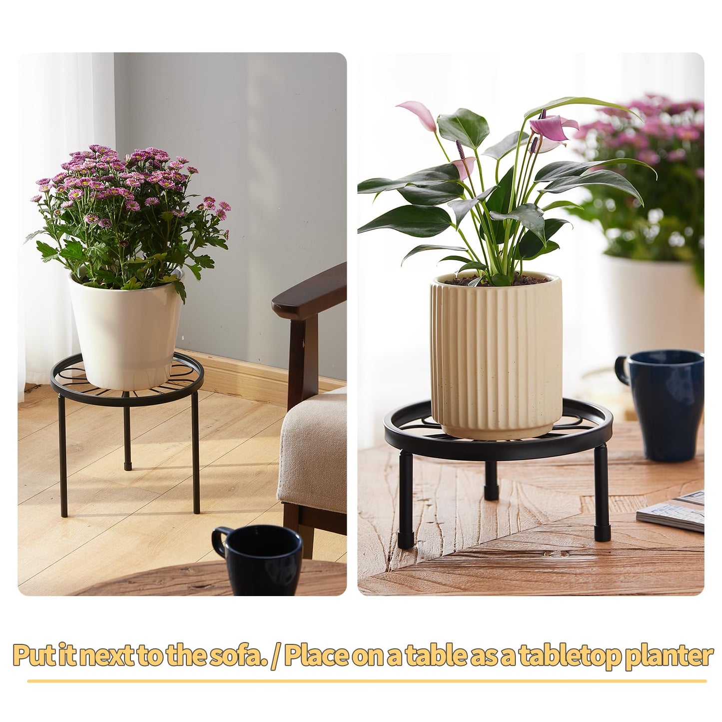 Furshus Plant Stand,5 Pack Heavy Duty Flower Pot Stands,Metal Decoration Racks,Round Plant Shelf for Planter Outdoor and indoor (Black)