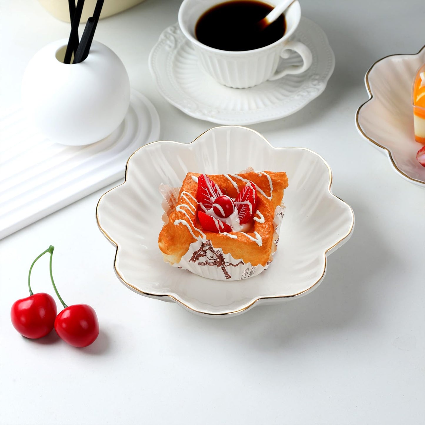 VanEnjoy 2 Pcs 6 Inch Ceramic Candy Dish - White Decorative Bowl With Golden Flower Rim for Office, Wedding, Party, Home - Porcelain Serving Bowl for Snacks, Fruit