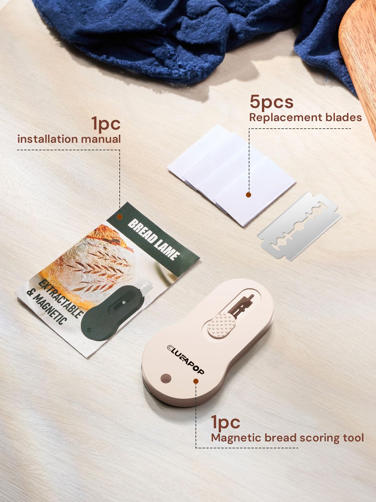 Bread Lame Dough Scoring Tool with Extractable & Magnetic - Sourdough Scoring Tool - Sourdough Bread Baking - Bread Scoring Tool - Scoring Patterns Booklet Includes 5 Bread Razor Blades (Cream)