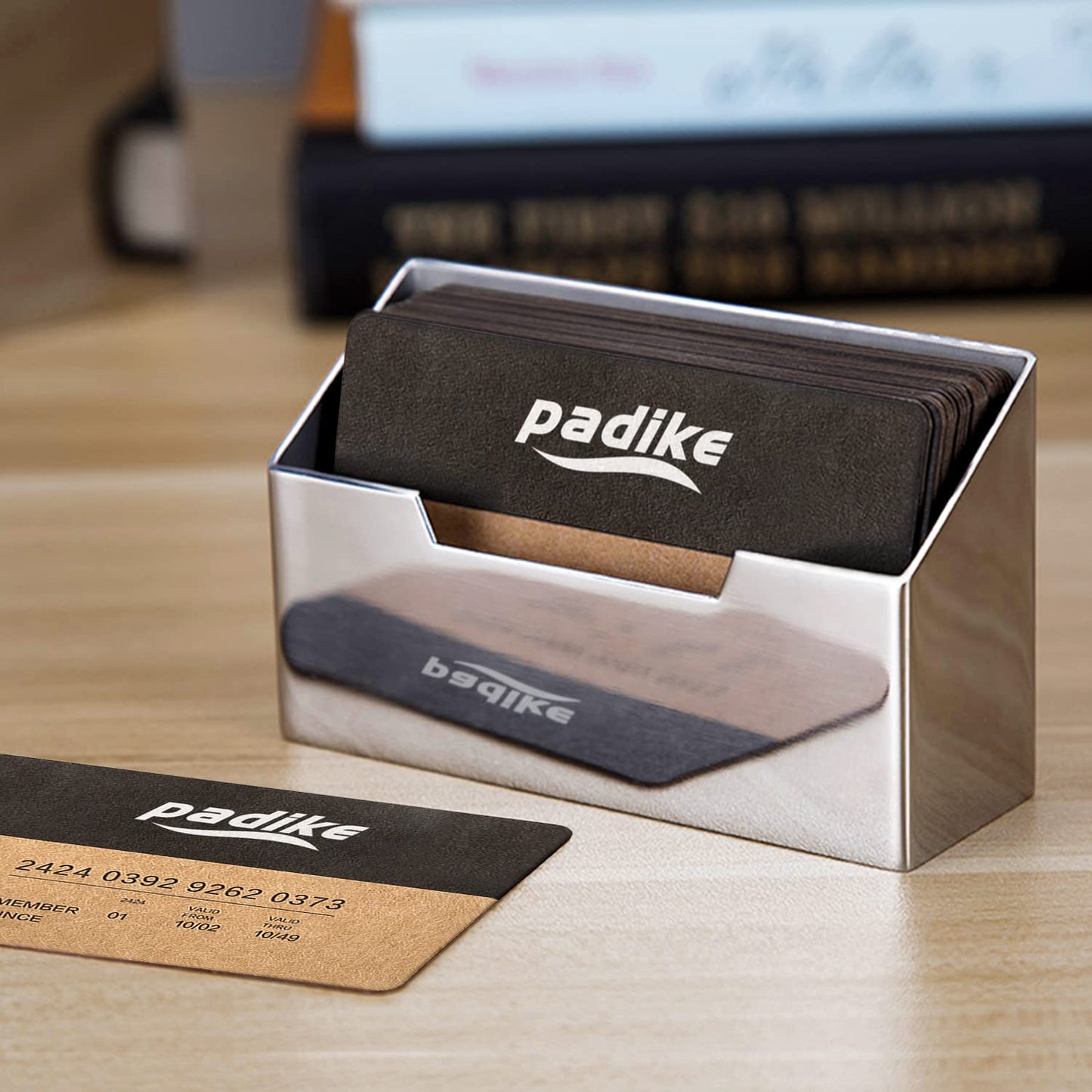 Padike Stainless Steel Business Card Holder - Brushed Metal Desk Organizer for Office & Home, Modern Business Card Stand Display (Holds 50 Cards) - Minimalist & Durable