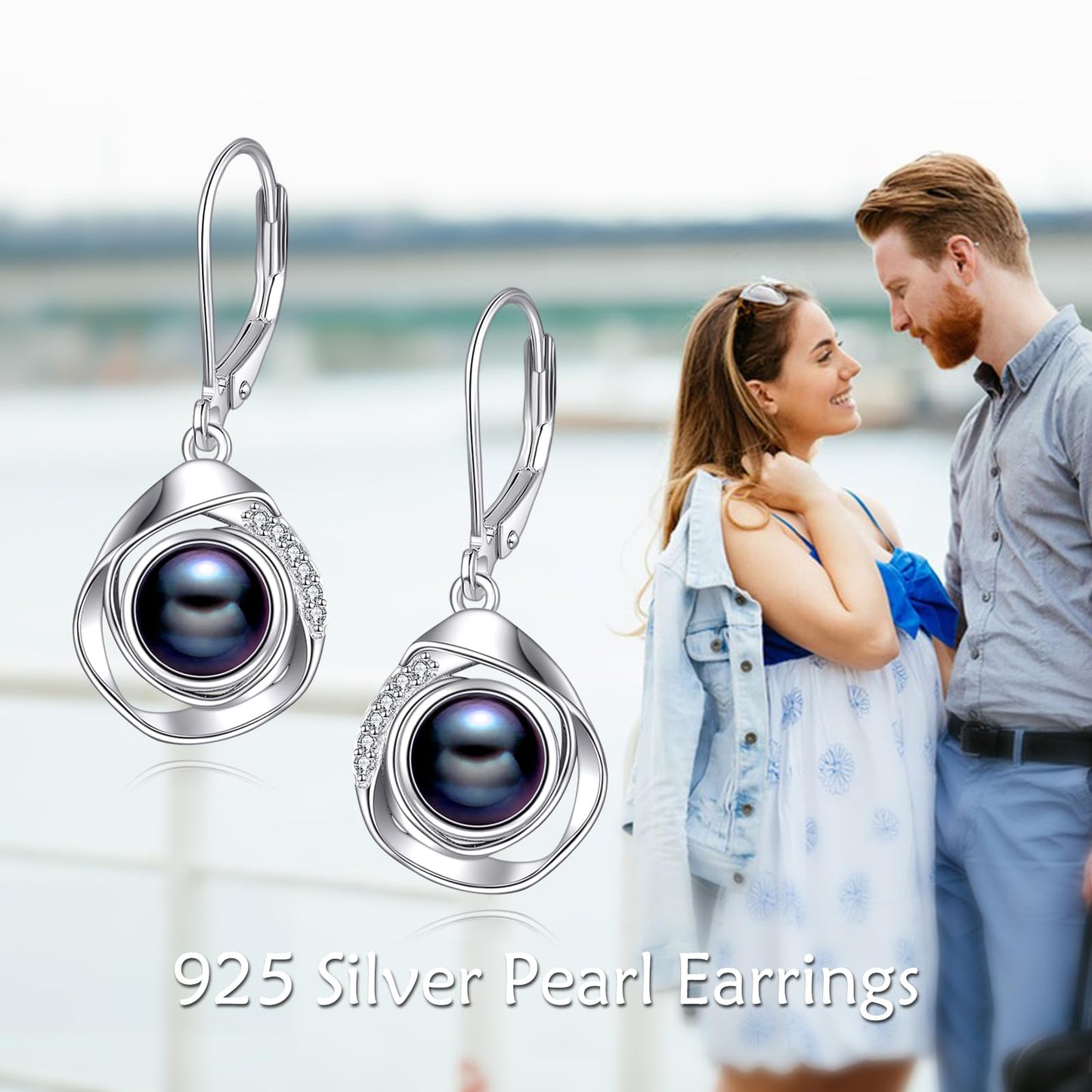 925 Sterling Silver Pearl Leverback Earrings Dangle Drop Jewelry Gifts for Women (White Pearl-Rose Gold)