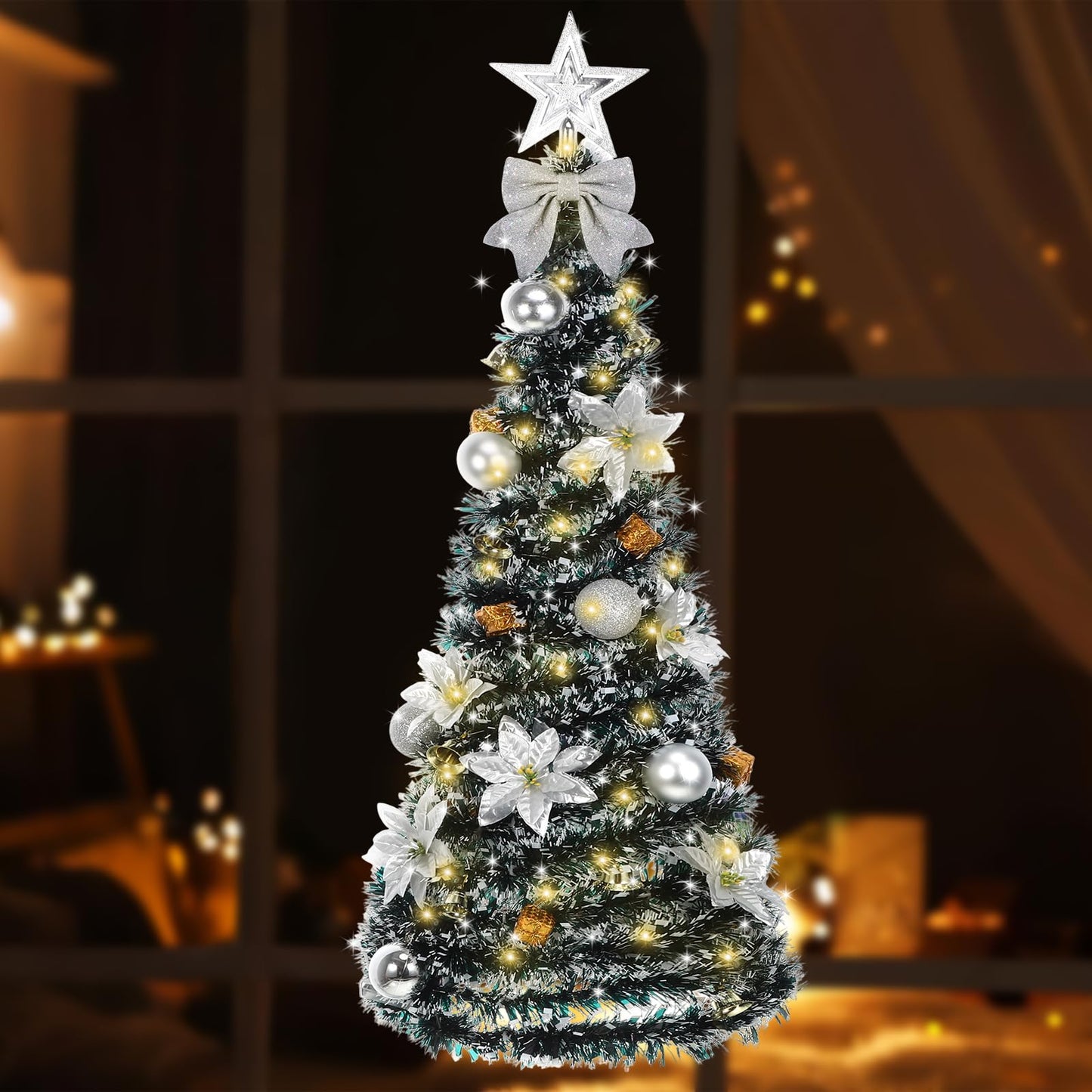 Suncalla Wall Christmas Tree with Lights 40inch, Artificial Wall Hanging Xmas Decoration with 50 LED String Lights, Saving-Space Door Hanging Xmas Tree Small Space Home School Office(Silver)