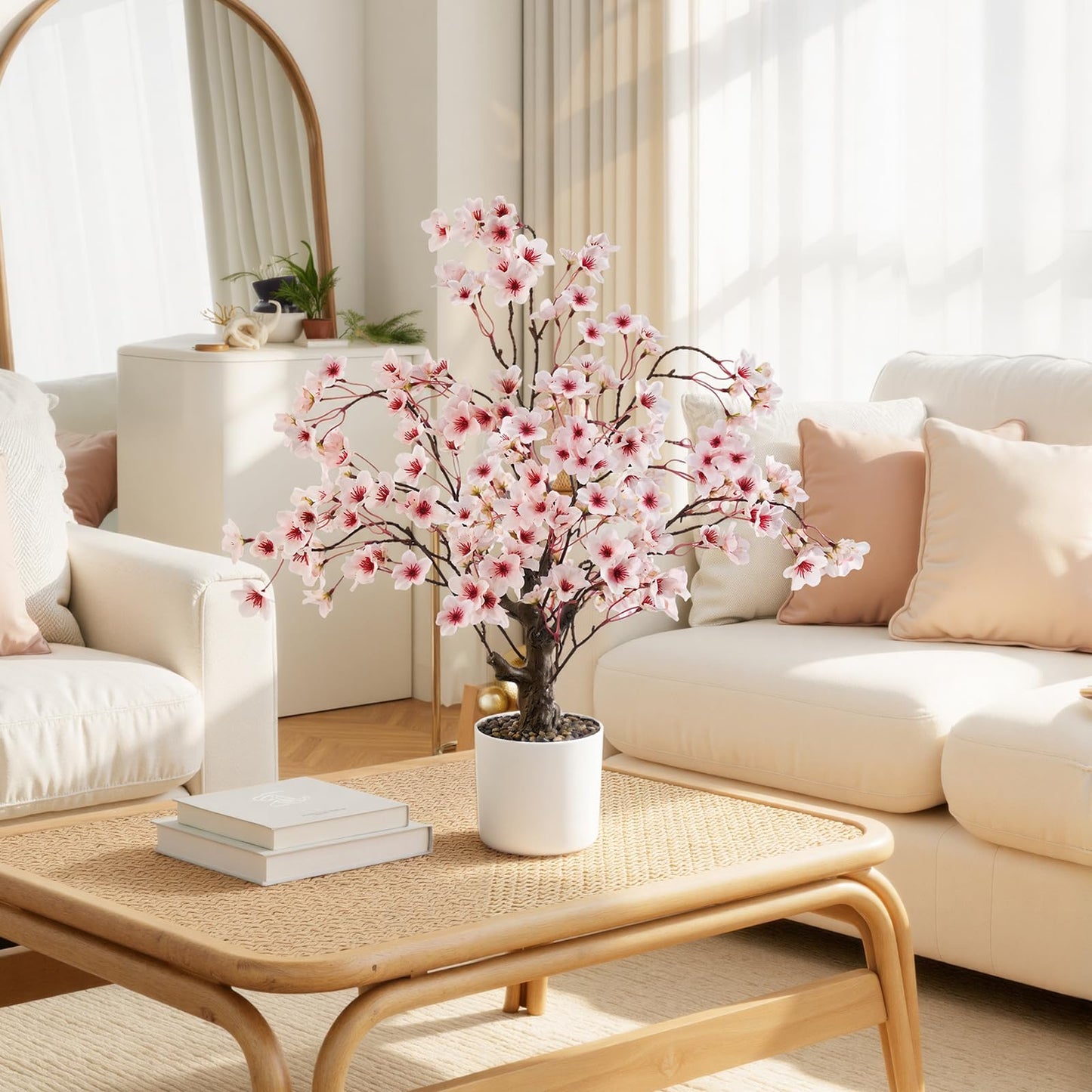 Caxchiling Cherry Bloosom Tree 2FT, Small Tabletop Tree with Vase Pot, Artificial Pink Flower Blossom Plants for Centerpiece, Home Office Desk Decor for Spring, Living Room Bedroom Wedding Party Decor