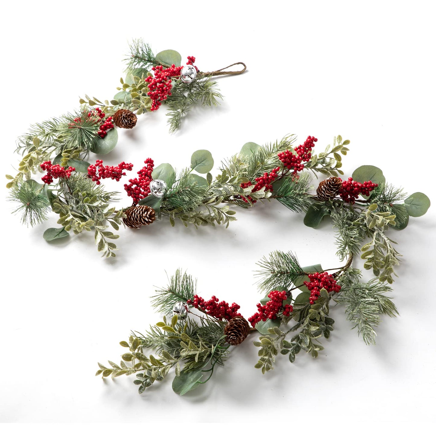 LOHASBEE Artificial Christmas Garland, 5 Feet Pine Cone Eucalyptus Garland with Red Berries, Bells & Greenery Glitter for Christmas Indoor Outdoor Garden Gate Front Door Home Wall Window Stair Decor