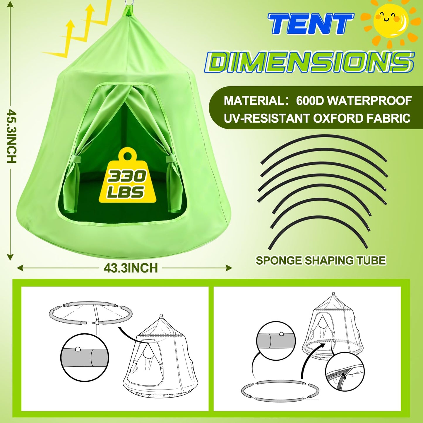 LaRandom X-Shaped Swing Stand Frame with Tent Sensory Swing for Kids Adults Indoor Outdoor Use 330 Lbs Capacity Detachable Heavy Duty Hanging Chair Hammock Nest Pod with Stand for Mutiple Kids(Green)
