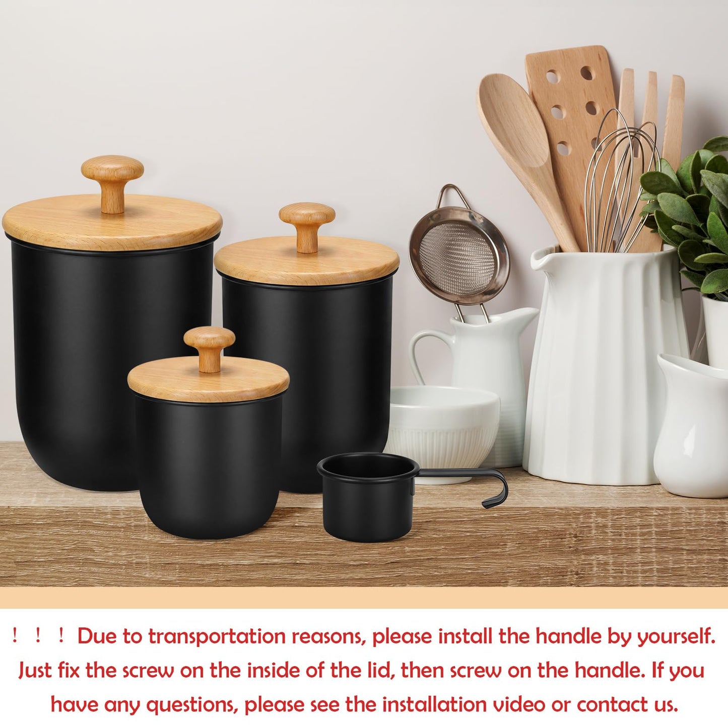 Remerry Metal Kitchen Canisters for Countertop Set of 3 Sugar Flour Canisters Set with Airtight Bamboo Lids Kitchen Jars with Spoon DIY Labels for Coffee, Tea, Spice, Sugar, Salt(Black)