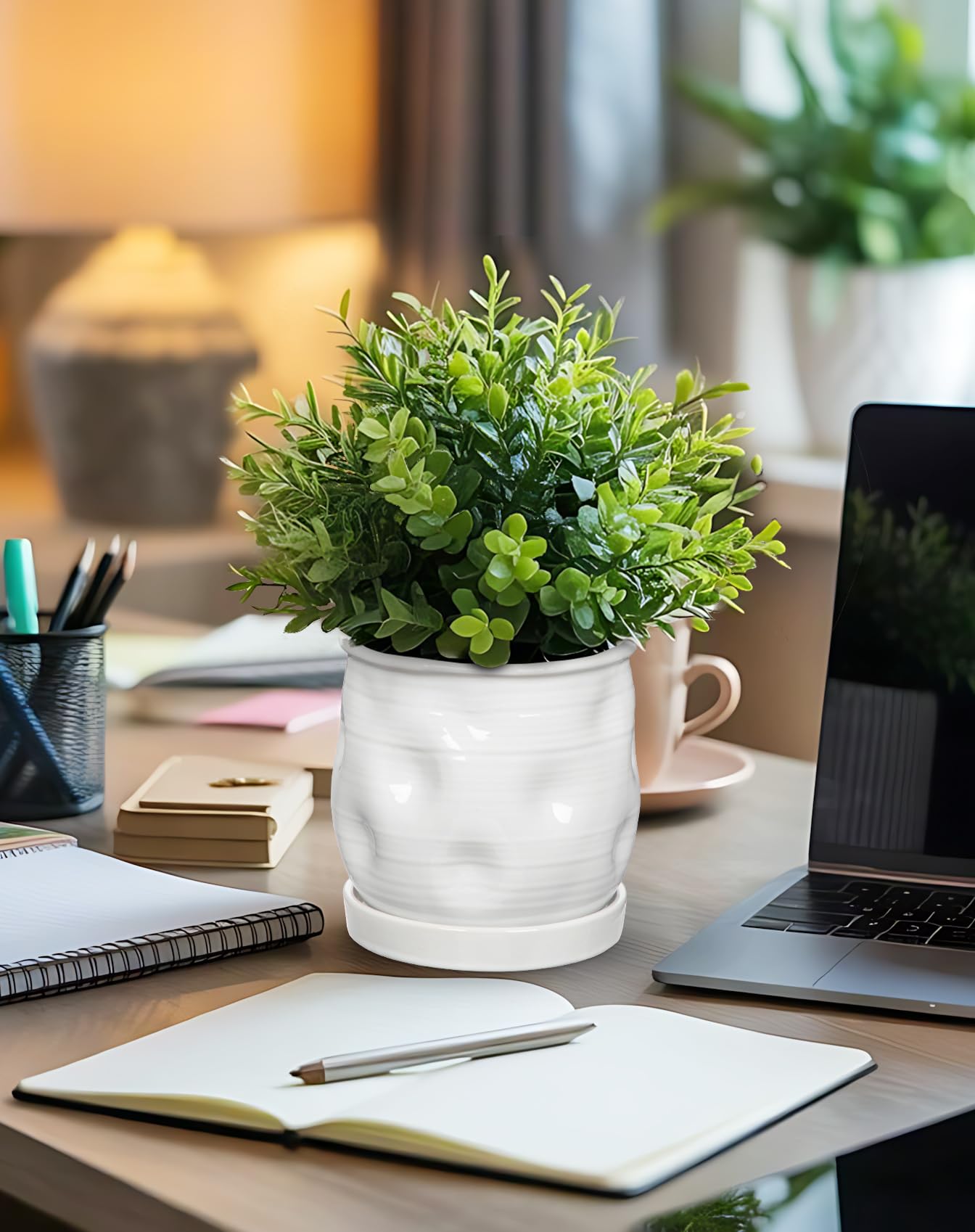 Oairse 5.7 inch Ceramic Pots for Plants, Plant Pot with Drainage Hole and Saucer White Ceramic Indoor Planter with Tray Decorative Flower Pots for Succulent, Cactus, Snake Plant, Herb Indoor Outdoor