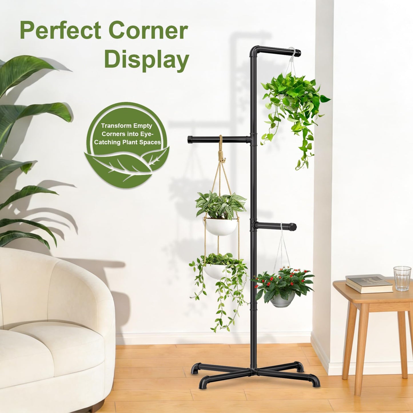 Chloraeon Hanging Plant Stand, Plant Hanger Indoor, Corner Hanging Plant Stand, Black Metal Holder for Bedroom, Living Room, Garden, Balcony