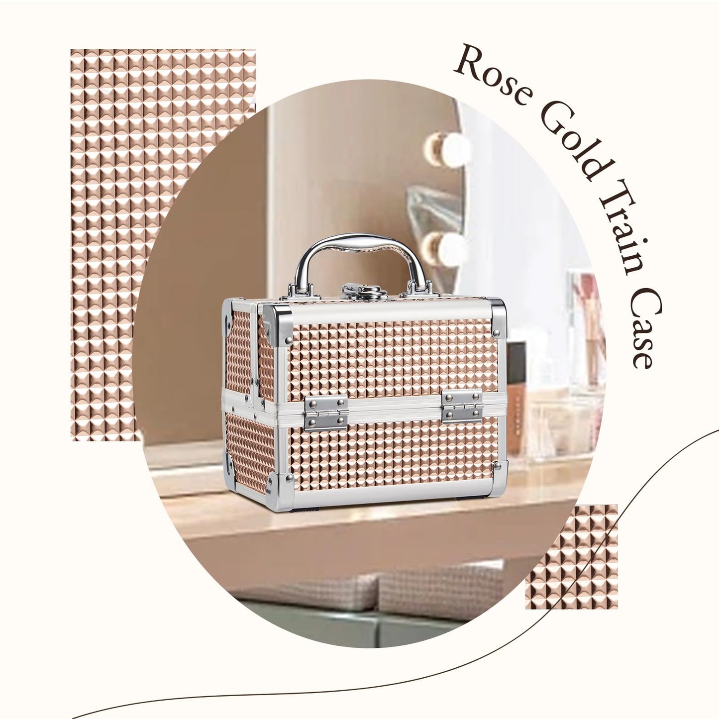Joligrace Rose Gold Makeup Box Vanity Case Cosmetic Organiser Case Travel Make Up Case Beauty Box with Mirror, 2 Trays, Lockable, Size: 19.5 x 15 x 16cm