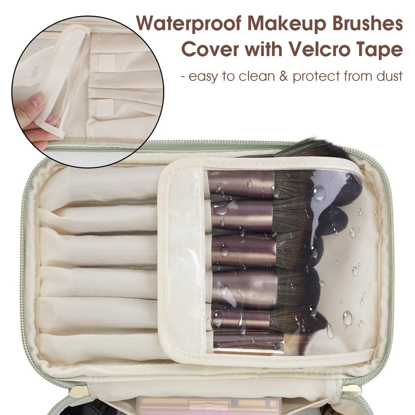 Travel Makeup Bag with Brush Compartment, Large Cosmetic Bags, PU Leather Makeup Case with Handle, Water-Resistant for Women, Green (Patent Pending)