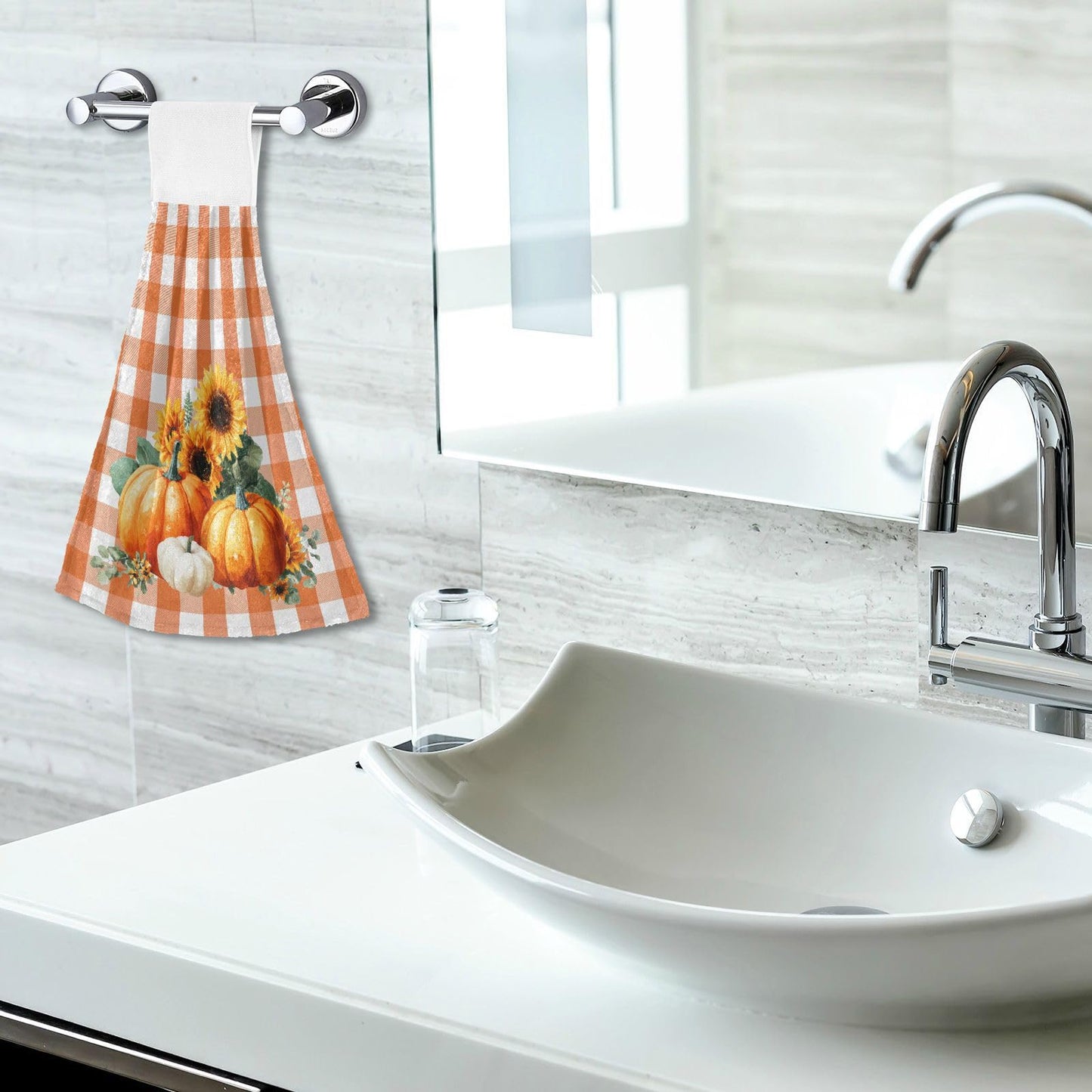 Boccsty Autumn Pumpkin Hanging Kitchen Towels 2 Pieces Harvest Sunflower Orange Buffalo Check Dish Cloth Tie Towels Hand Towel Tea Bar Towels for Bathroom Farmhouse Housewarming Tabletop Home