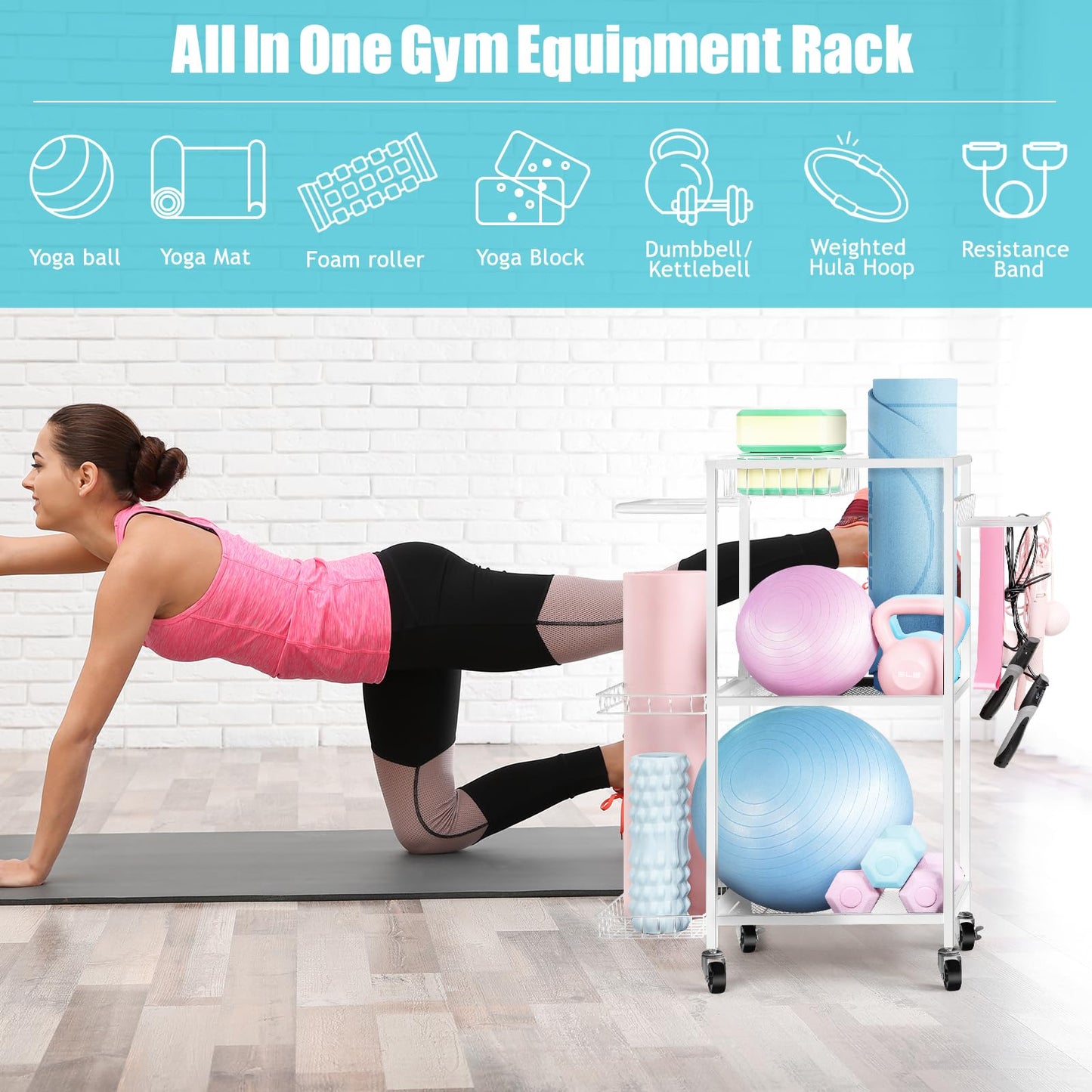 LIANTRAL Yoga Mat Storage Rack - Metal Gym Organizer for Yoga Mats, Foam Rollers & Fitness Equipment, Space Saving Workout Equipment Storage Rack for Home Exercise and Fitness Gear, White