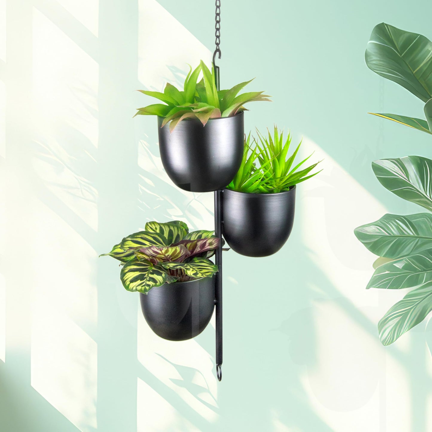HemePaha 3-Tier Metal Hanging Planter with 6 Inch Oval Pots - Black Modern Triple Tiered Plant Hanger - Vertical Stackable Wall and Ceiling Mount Holder for Indoor and Houseplants