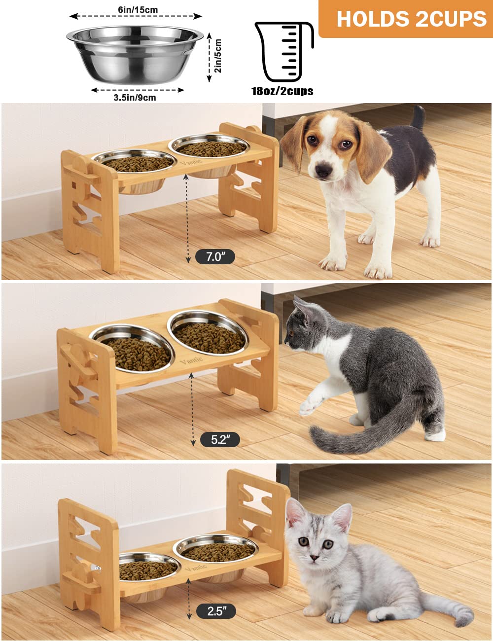 Vantic Raised Dog Bowls with Stand, 6 Heights Adjustable Bamboo Dog Feeding Station with 2 Stainless Steel Bowls, 17cm High