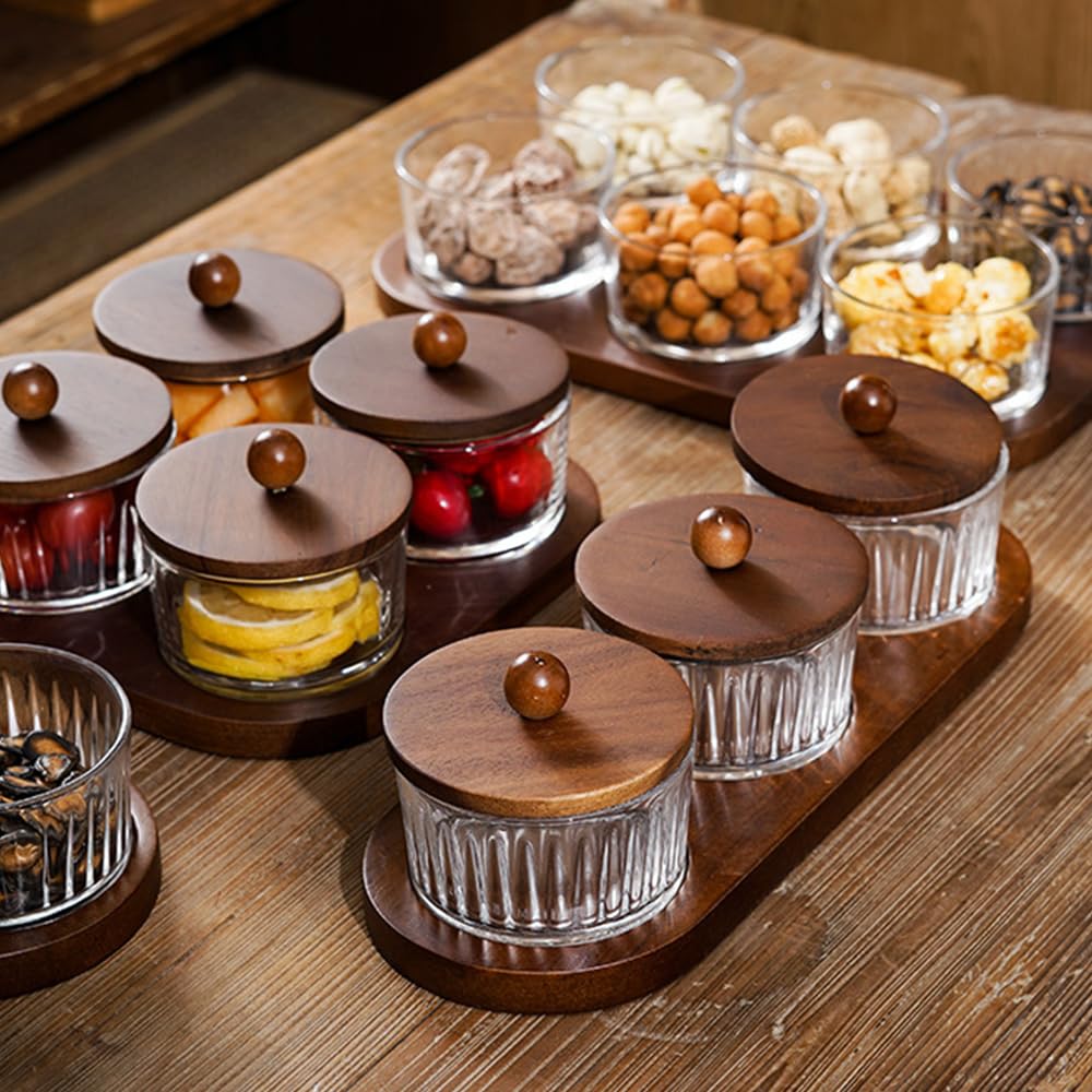 ANQIA Round Glass Snackle Box Container Snack Organizer and Fruit Platter with Acacia Wood Lids and Tray Divided Serving Tray for Nuts Candy Dry Fruits (4 Jars)