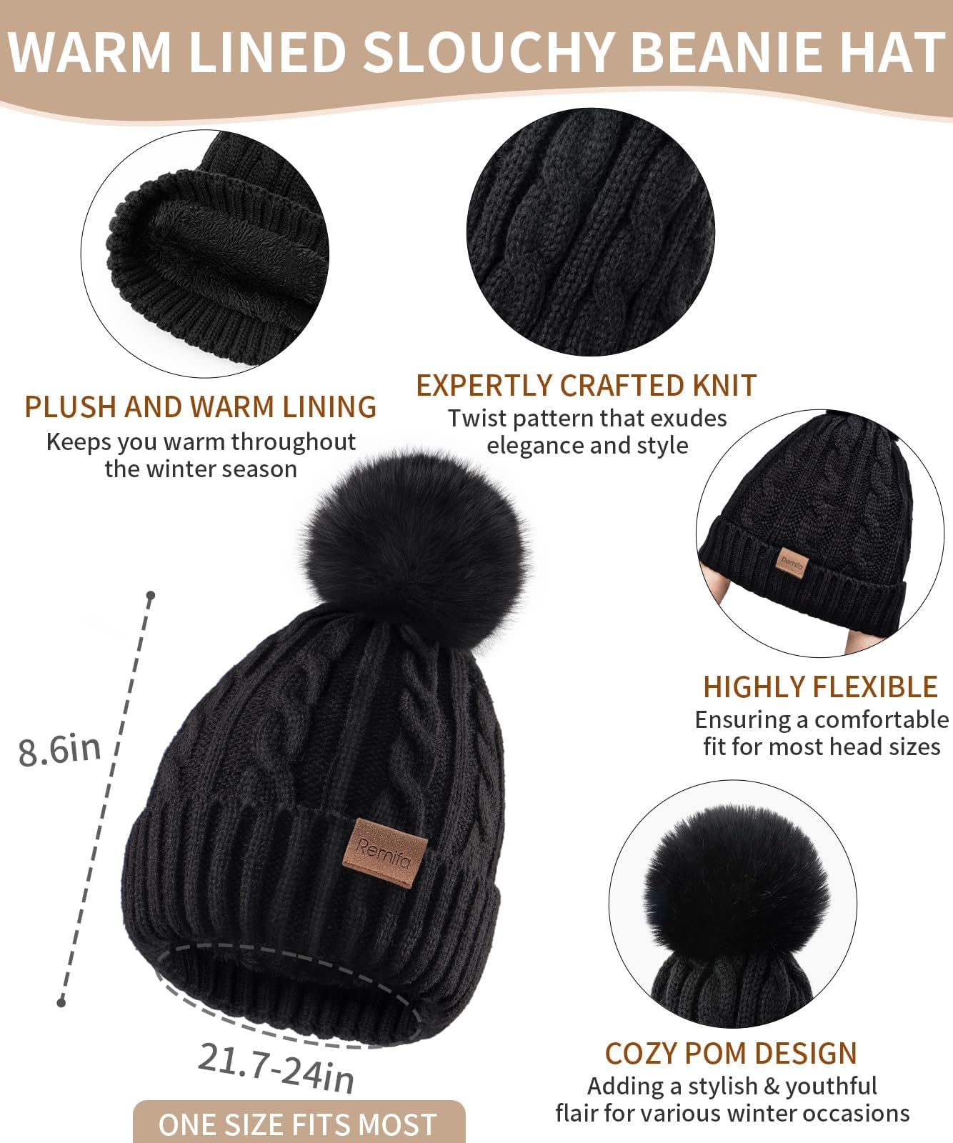 Women Beanie Hat Scarf Gloves Set, 3 PCS Winter Warm Pom Pom Beanie Hat Skull Cap Long Knit Neck Scarf & Touchscreen Gloves Set for Cold Weather, Christmas Holiday Gifts for Mom Wife Friend Sister Her