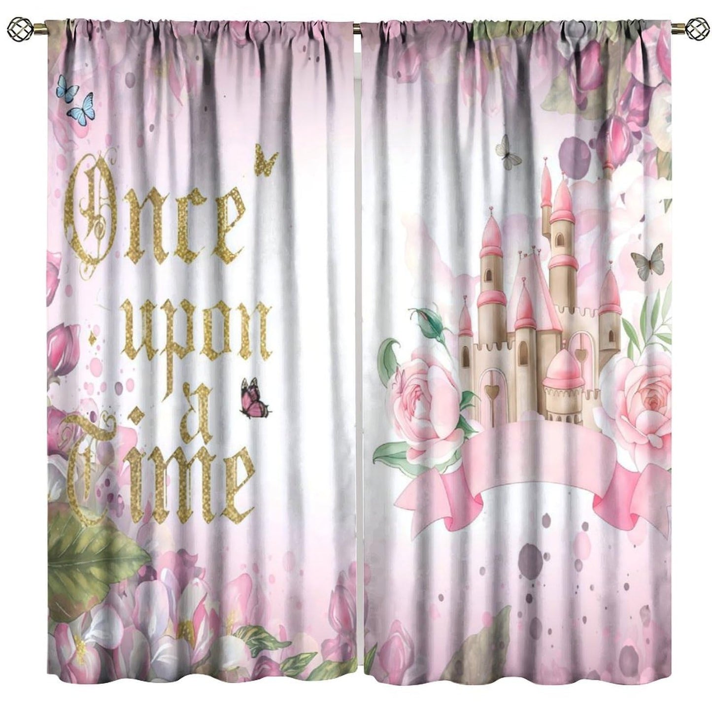 Pink Princess Castle Curtains For Girls Magic Fairy Tale World One Romantic Floral Castle Pattern Rod Pocket Window Treatments for Kids Bedroom Living Dining Room 2 Panels Set 41x 45 in (No Blackout)