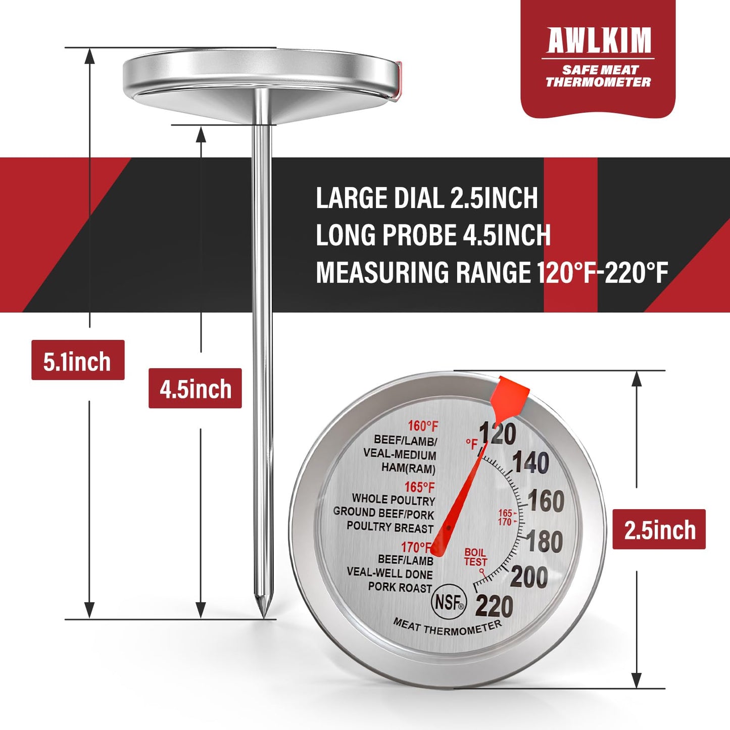 AWLKIM® 2 Pack Stainless Steel Meat Thermometer, Safe Leave in Oven, 2.5-in Extra-Large Dial Food Thermometer for Cooking, Temperature Probe for Baking, Candy, Steak, Turkey - Kitchen Gadgets