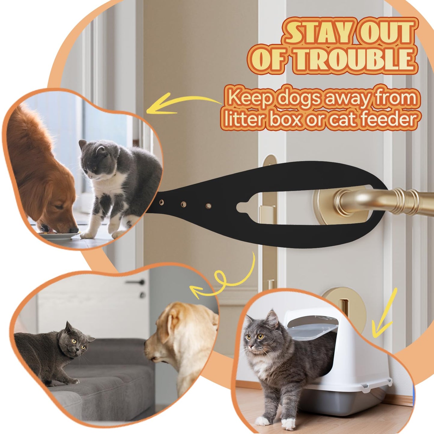 TGIOW Cat Door Latch, 1 Pcs Cat Door Stopper Pet Door Latch to Keep Dog Out of Litter Box and Food, Door Prop for Cat with 5 Adjustable Size Strap 2.5-6" Wide, No Measuring, Easy to Install, Black