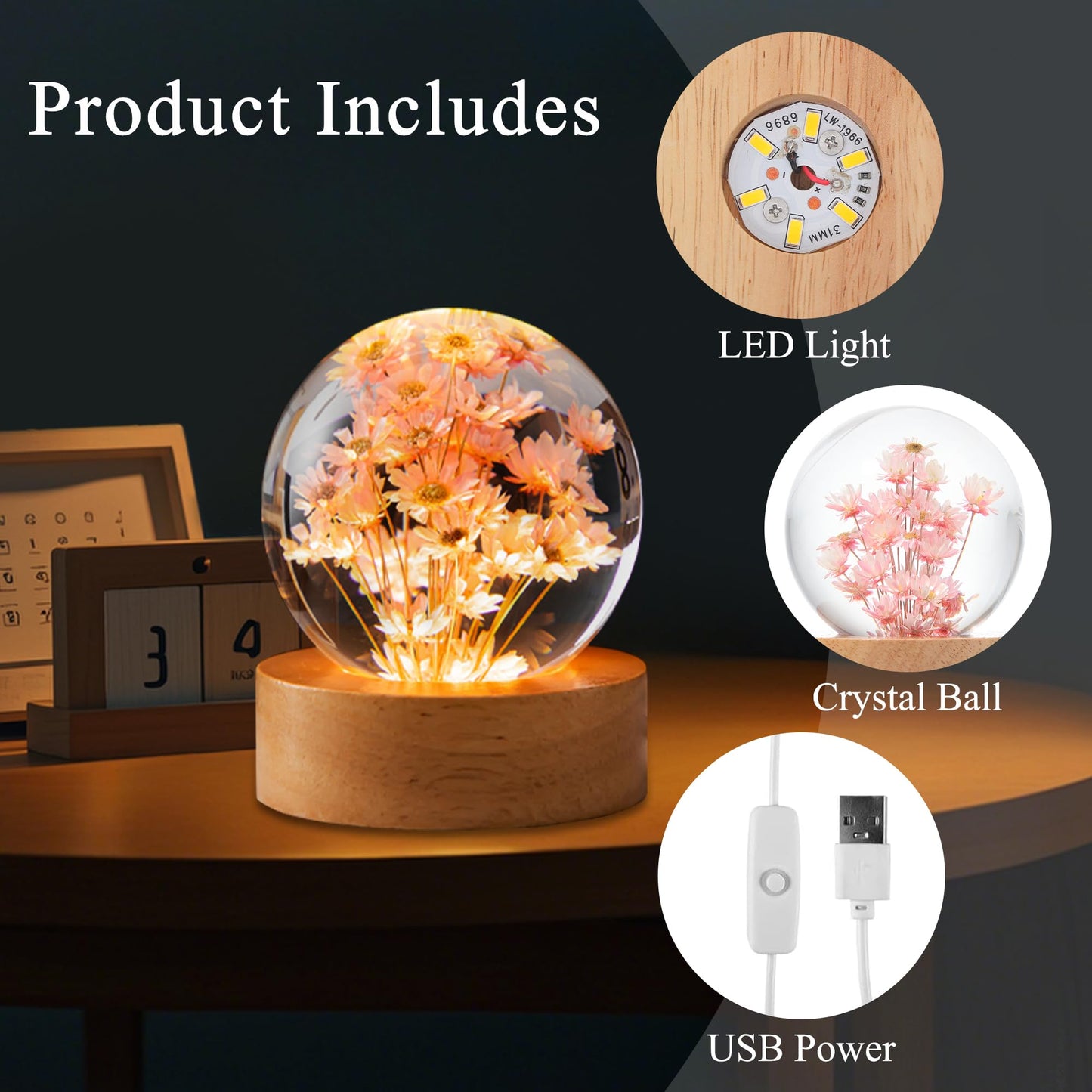Daisy Decor Gifts,Daisy Flower Lamp Crystal Ball Night Light,2.4 Inch Glass Ball Lamp with LED Wooden Base,Soft Warm White Lighting for Women Best Friends Sister Birthday Xmas Aesthetic Gift(Red)