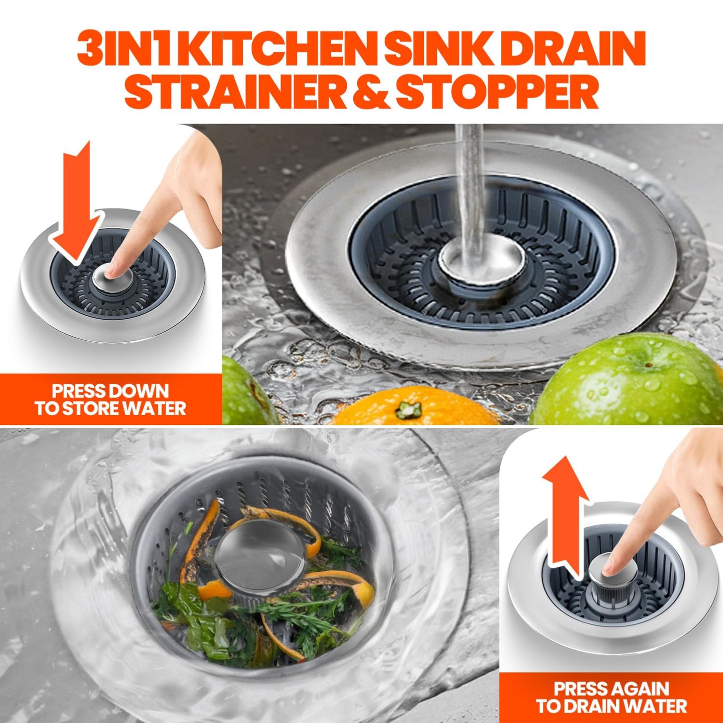 2 Pack 3 in 1 Kitchen Sink Drain Strainer & Sink Stopper, Upgraded Stainless Steel Drain Plug Combo with Anti-Clog Basket, Pop Up Drain Cover for Standard 3-1/2'',Garbage Disposal Parts