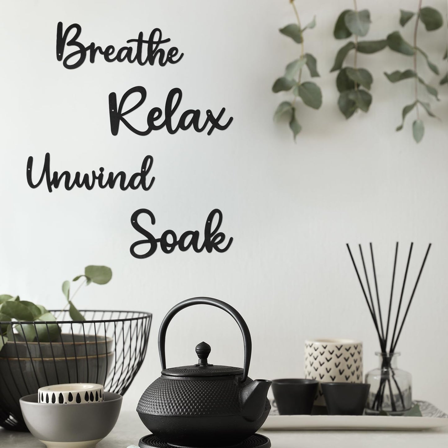 Sanwarm 4 Pieces Metal Modern Wall Decor, Black Wall Art Decors Breathe Relax Soak Unwind Fresh Hollow Sign Minimalist Cosy Hanging Decoration for Home Bathroom Living Room Bath SPA Yoga Studio