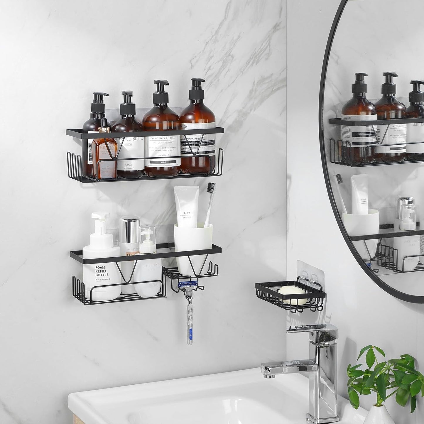 Kegii Shower Caddy, Bathroom Shelf Organiser No Drilling, Adhesive Shower Storage Rack with Soap Razor Holder, Bathroom Accessories, Black, 3 Pack