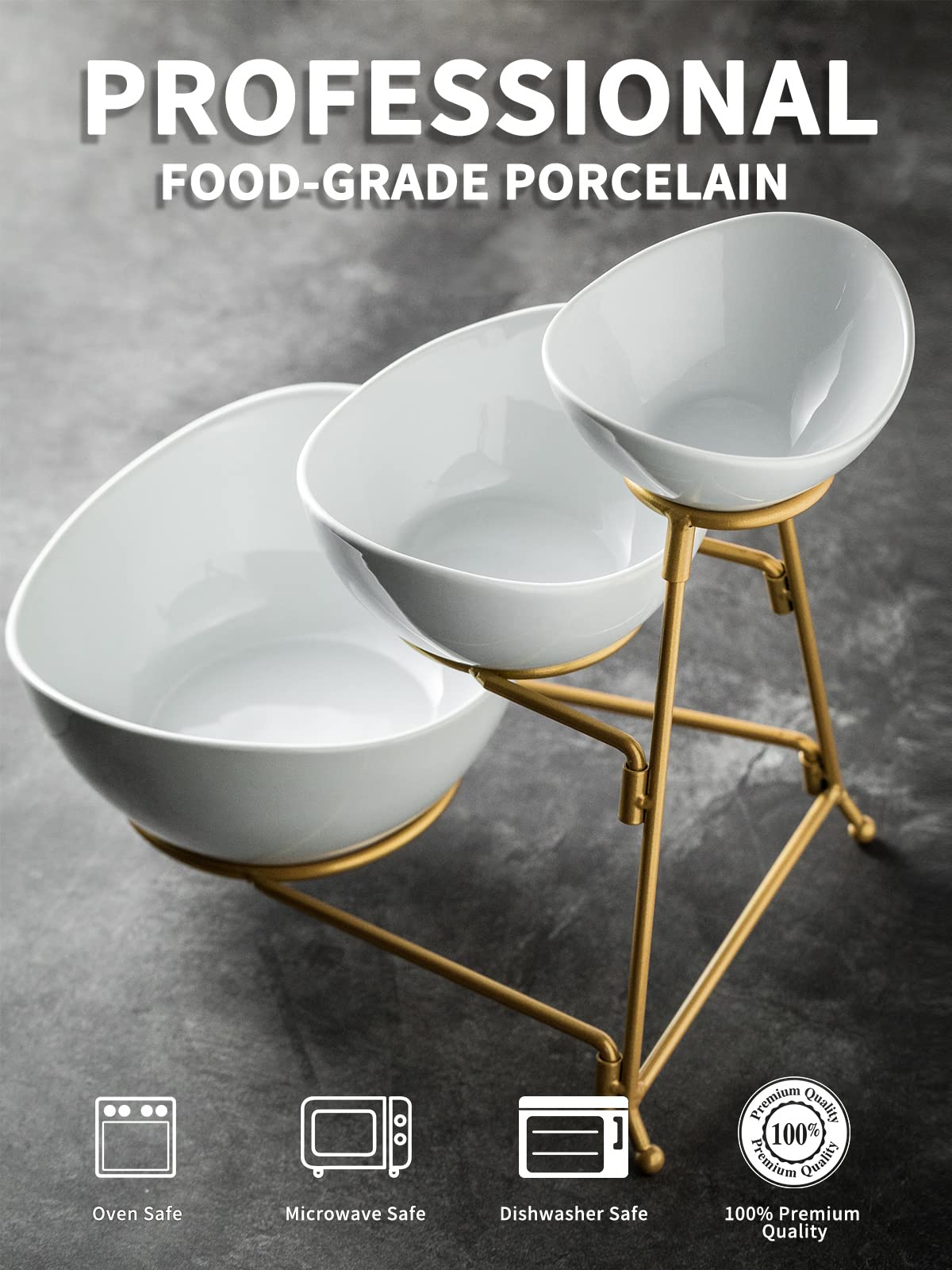 LAUCHUH 3 Tier Serving Stand Serving Dishes for Entertaining Porcelain Oval Bowl Set Tiered Serving Tray for Fruit, Vegetable, Nuts, Salad, Chip Dip Bowl Set for Father's Day, Gold