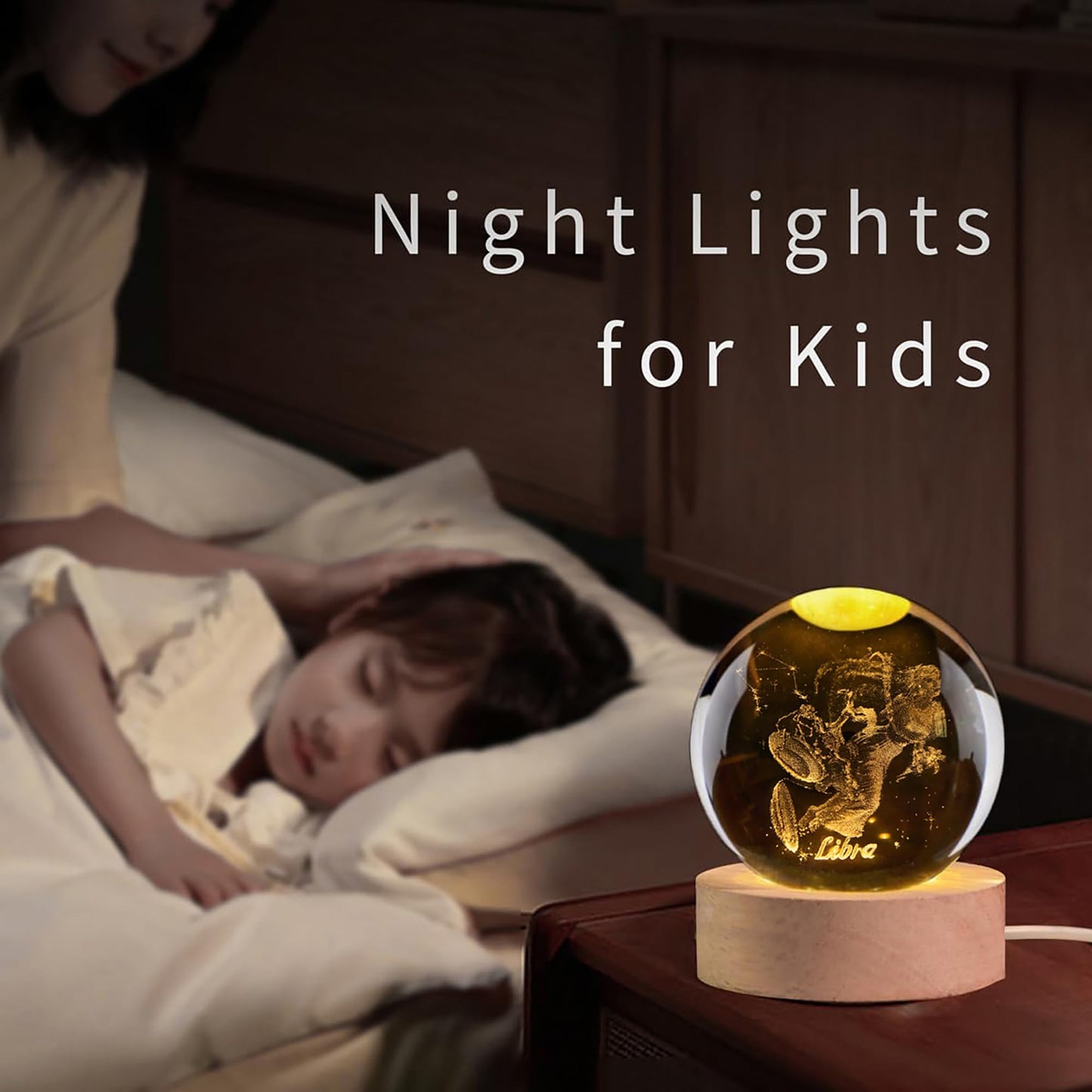 QIANCHANG 3D Laser Etched Libra Crystal Ball with LED Light Stand, Constellation Decor Glass Sphere Lamp, Zodiac Astrology Birthday Gifts for Women Kids